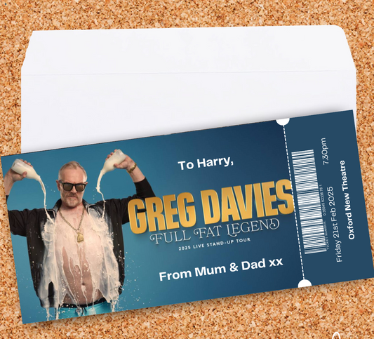 Personalised GREG DAVIES Ticket Gift Voucher Comedy Show Comedian Keepsake